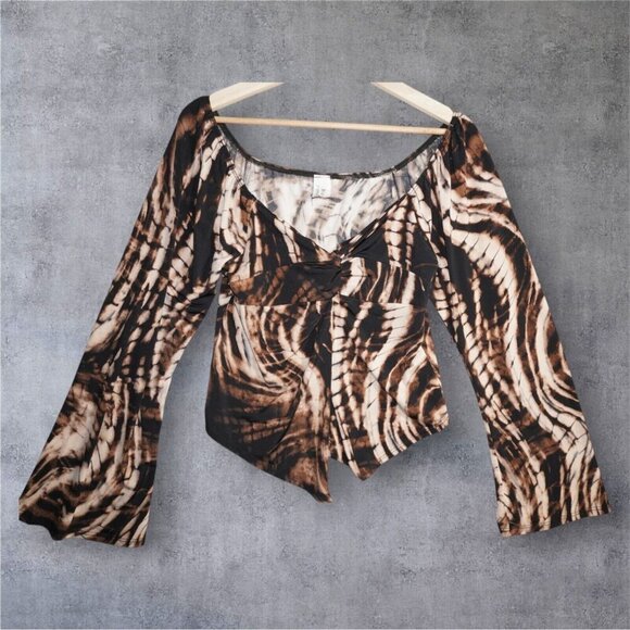 Bluebell Brown Swirl Print Mesh Top – Size 1X – Y2K Inspired Bell Sleeve Knot - Picture 2 of 14